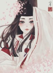 Rule 34 | 1boy, androgynous, bishounen, black hair, black hat, brown eyes, cloak, closed mouth, commentary request, expressionless, eyeshadow, hand up, hat, highres, japanese clothes, kariginu, kimono, long hair, long sleeves, looking at viewer, makeup, male focus, original, petals, red eyeshadow, red kimono, red ribbon, ribbon, ribbon-trimmed sleeves, ribbon trim, seal impression, signature, sleeves past fingers, sleeves past wrists, solo, tate eboshi, upper body, ushiyama ame, white background, white cloak