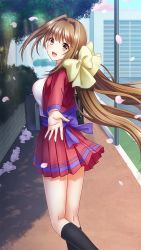 Rule 34 | 1girl, :d, back bow, black socks, bow, brown eyes, brown hair, cherry blossoms, doukyuusei another world, floating hair, from side, game cg, hair bow, hair tie, jacket, kakyuusei 2, kneehighs, long hair, long sleeves, looking at viewer, looking back, miniskirt, official art, open clothes, open jacket, open mouth, outstretched arm, pleated skirt, purple bow, reaching, reaching towards viewer, red jacket, red skirt, saimon tamaki, school uniform, shirt, skirt, smile, socks, solo, spring (season), standing, very long hair, white shirt, yellow bow