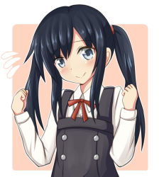 Rule 34 | 10s, 1girl, alternate hairstyle, asashio (kancolle), black dress, black hair, blue eyes, blush, buttons, clenched hands, dress, dress shirt, flying sweatdrops, kantai collection, long sleeves, looking at viewer, neck ribbon, outline, pinafore dress, red ribbon, ribbon, shirt, sleeveless, sleeveless dress, smile, solo, tamayan, twintails, twintails day, upper body, white outline, white shirt