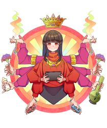 Rule 34 | 1girl, alison (alison airlines), black hair, blush stickers, bong, character request, commentary request, controller, copyright request, crown, extra arms, floating, flower, game controller, highres, holding, holding controller, holding flower, holding game controller, long hair, long sleeves, outline, red eyes, red sweater, smirk, solo, sweater, virtual youtuber, white outline
