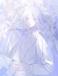 Rule 34 | 1boy, bad id, bad pixiv id, dappled sunlight, flower, hair between eyes, looking at viewer, lying, on back, open clothes, open shirt, original, outdoors, own hands together, shirt, sowanai, sunlight, upper body, white eyes, white flower, white hair, white shirt, white theme