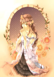 Rule 34 | 1girl, bad id, bad pixiv id, bare shoulders, brown eyes, brown hair, dress, female focus, gradient background, head wreath, jewelry, long hair, necklace, original, own hands clasped, own hands together, plant, shawl, solo, window, yuzuki mia