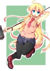Rule 34 | 1girl, ahoge, blonde hair, blue eyes, blush, braid, green background, hammer, hasumi takashi, long hair, looking at viewer, mallet, necktie, open mouth, original, pantyhose, pantyhose under shorts, shorts, simple background, smile, solo, twin braids, very long hair
