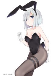 Rule 34 | 10s, 1girl, alternate costume, animal ears, bare shoulders, blue eyes, breasts, fake animal ears, gloves, hair ornament, hair over one eye, hairclip, hamakaze (kancolle), ica, kantai collection, leotard, pantyhose, playboy bunny, rabbit ears, rabbit tail, short hair, silver hair, simple background, solo, tail