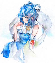 Rule 34 | 1girl, alternate costume, bare shoulders, between fingers, blue dress, blue eyes, blue hair, blush, breasts, closed mouth, commentary request, cropped torso, detached sleeves, dress, eyebrows hidden by hair, hagoromo, hair rings, holding, kaku seiga, light smile, looking at viewer, medium hair, orange neckwear, painting (medium), profile, red ribbon, ribbon, sano naoi, shawl, simple background, small breasts, solo, tassel, touhou, traditional media, upper body, watercolor (medium), white background