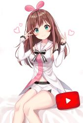 Rule 34 | 1girl, absurdres, aqua eyes, bare legs, bare shoulders, black ribbon, blush, breasts, brown hair, closed mouth, collared shirt, detached sleeves, double v, feet out of frame, hairband, hands up, head tilt, heart, highres, kizuna ai, kizuna ai inc., logo, long hair, long sleeves, looking at viewer, medium breasts, midriff peek, multicolored hair, navel, neck ribbon, niji (rudduf232), pink hair, pink hairband, ribbon, shirt, short shorts, shorts, sitting, sleeves past wrists, smile, solo, streaked hair, thighs, v, virtual youtuber, white background, white shirt, white shorts, youtube