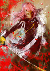 1990s_(style) 1girl aiguillette breasts closed_eyes female_focus lips long_hair muju nose pink_hair retro_artstyle shoujo_kakumei_utena solo sword tenjou_utena weapon