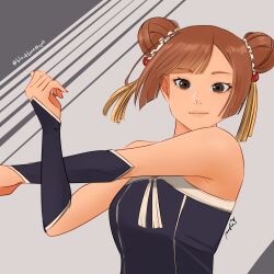 Rule 34 | 1boy, absurdres, arm warmers, black dress, black lunette, blunt bangs, bob cut, breasts, bridal gauntlets, brown eyes, brown hair, closed mouth, commentary, cross-body stretch, double bun, dress, english commentary, hair bun, hair ornament, highres, laufen (sousou no frieren), looking at viewer, medium bangs, medium breasts, short hair, smile, solo, sousou no frieren, tassel, tassel hair ornament, twitter username, upper body