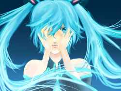Rule 34 | 1girl, aqua eyes, aqua hair, ataru (7noise), bad id, bad pixiv id, bare shoulders, expressionless, hair ribbon, hands on own face, hatsune miku, looking at viewer, lowres, necktie, ribbon, solo, twintails, vocaloid