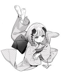 Rule 34 | 1girl, expressionless, feet up, flower, full body, greyscale, hair flower, hair ornament, highres, japanese clothes, kimono, looking at viewer, lying, monochrome, nanoka san, obi, on stomach, origami, original, paper crane, sash, short hair, simple background, solo, tabi