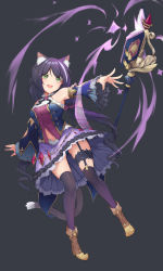 1girl absurdres animal_ear_fluff animal_ears aoria black_background black_thighhighs book brown_footwear cat_ears cat_tail detached_sleeves fang full_body garter_belt green_eyes highres karyl_(princess_connect!) long_hair multicolored_hair open_mouth princess_connect! purple_hair purple_skirt simple_background skin_fang skirt solo staff streaked_hair tail thighhighs very_long_hair white_hair