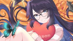 Rule 34 | 1girl, akai haato, amane kanata, black eyes, black hair, bug, butterfly, glasses, grin, halo, heart, heart-shaped pillow, heart of string, highres, hololive, indie virtual youtuber, insect, isuka, kson, long hair, mace, pillow, shirogane noel, signature, smile, solo, star (symbol), star halo, striped clothes, striped sweater, sweater, uruha rushia, virtual youtuber, weapon