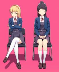 Rule 34 | 2girls, black hair, black skirt, blazer, blonde hair, blue jacket, blunt bangs, bow, brown footwear, chair, closed eyes, closed mouth, collared shirt, commentary request, crossed arms, crossed legs, deadnooodles, dress, hair bow, hairband, hands on lap, hazuki ren, heanna sumire, high ponytail, highres, jacket, kneehighs, loafers, long hair, long sleeves, love live!, love live! superstar!!, multiple girls, neck ribbon, pinafore dress, pink background, ponytail, red hairband, red ribbon, ribbon, school uniform, shirt, shoes, sitting, skirt, sleeveless dress, socks, thighhighs, v-shaped eyebrows, white legwear, yellow eyes