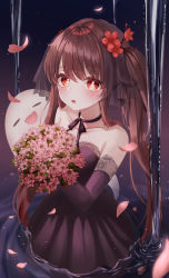 Rule 34 | 1girl, absurdres, blush, bouquet, brown hair, crying, crying with eyes open, dress, flower, genshin impact, ghost, gloves, highres, hu tao (genshin impact), long hair, looking at viewer, open mouth, parted lips, petals, plum blossoms, red eyes, solo, tears, twintails, wading, water, zuu 1730