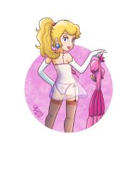 10s 1girl 2013 blonde_hair blue_eyes dated dress earrings elbow_gloves female_focus from_behind garter_straps gloves high_ponytail jewelry lingerie lipstick long_hair looking_at_viewer looking_back makeup mario_(series) nintendo panties ponytail princess_peach see-through_clothes solo super_mario_bros._1 thebourgyman thighhighs underwear undressing white_gloves