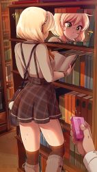 Rule 34 | !?, 1girl, 2019, artist name, bad id, bad pixiv id, bag, blonde hair, book, bookshelf, boots, borrowed character, bracelet, controller, cut-in, discreet vibrator, earrings, facing away, from behind, green eyes, highres, holding, holding book, indoors, jewelry, knee boots, library, light particles, long sleeves, merunyaa, open book, original, patreon username, pearl bracelet, pearl earrings, pixiv username, plaid, plaid skirt, pov, pov hands, reading, remote control, remote control vibrator, sammy (bestsammy), sex toy, short hair, shoulder bag, signature, skirt, solo focus, suspender skirt, suspenders, sweatdrop, thighhighs, trembling, vibrator, vibrator under clothes, wireless sex toy controller