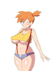 Rule 34 | 1girl, adapted costume, aqua eyes, asymmetrical hair, bare legs, blush, breasts, covered erect nipples, creatures (company), dd (giogio99), denim, denim shorts, game freak, gym leader, highres, large breasts, legs, legs together, looking at viewer, misty (pokemon), navel, nintendo, one-piece swimsuit, one eye closed, orange hair, pokemon, pokemon (anime), pokemon (classic anime), ponytail, shirt, short hair, short shorts, shorts, side ponytail, smile, solo, standing, suspenders, swimsuit, tank top, thick thighs, thighs, underboob, white one-piece swimsuit, wide hips, wink, yellow shirt, yellow tank top