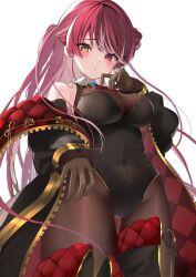 Rule 34 | 1girl, ascot, bare shoulders, black jacket, black leotard, blush, bodystocking, boots, breasts, brown pantyhose, cleavage, covered navel, gloves, gold trim, hair bun, hat, heterochromia, high heel boots, high heels, highres, hololive, houshou marine, houshou marine (marching band), jacket, large breasts, leotard, long hair, looking at viewer, multicolored hair, official alternate costume, official alternate hair length, official alternate hairstyle, pantyhose, red ascot, red eyes, red hair, see-through, see-through cleavage, single side bun, solo, strapless, strapless leotard, streaked hair, thigh boots, two-sided fabric, two-sided jacket, very long hair, virtual youtuber, yellow eyes, yoshioka pochi