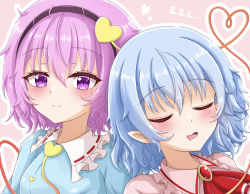 Rule 34 | 2girls, absurdres, black hairband, blouse, blue hair, blue shirt, blue sleeves, blush, breasts, closed eyes, closed mouth, collar, gem, hair between eyes, hairband, heart, heart-shaped pupils, highres, jewelry, komeiji satori, long sleeves, looking at viewer, lying on person, medium breasts, multicolored eyes, multiple girls, no headwear, open mouth, pink background, pink eyes, pink hair, pink sleeves, purple eyes, red neckwear, reijing etrn, remilia scarlet, shirt, short hair, short sleeves, simple background, sleeping, smile, symbol-shaped pupils, touhou, upper body