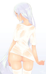 Rule 34 | 1girl, ass, blush, gradient background, long hair, looking at viewer, looking back, original, see-through, shirt, silver hair, simple background, solo, thighhighs, thong, very long hair, wet, wet clothes, wet shirt, white thighhighs, wide hips, yellow eyes, yuzuki gao