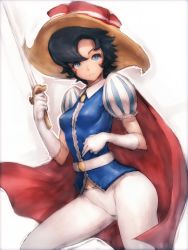 Rule 34 | 1girl, belt, black hair, blue eyes, breasts, cape, closed mouth, collared shirt, elbow gloves, expressionless, flipped hair, frills, from side, frown, fumio (rsqkr), gloves, hat, holding, holding sword, holding weapon, legs apart, looking at viewer, midriff peek, pants, pantyhose, princess sapphire, puff and slash sleeves, puffy short sleeves, puffy sleeves, rapier, ribbon no kishi, shirt, short sleeves, simple background, sketch, small breasts, solo, striped, sword, vertical stripes, weapon, white background, white gloves, white pants, white pantyhose