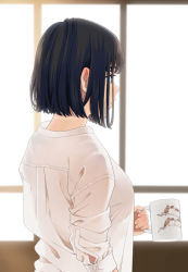Rule 34 | 1girl, artist name, black hair, bob cut, breasts, cup, from behind, holding, holding cup, looking to the side, mattaku mousuke, mug, original, profile, see-through, shirt, short hair, solo, sunlight, upper body, watermark, window