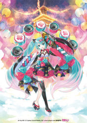 Rule 34 | 1girl, aqua eyes, aqua hair, asymmetrical legwear, black footwear, black skirt, black thighhighs, blue bow, bow, bowtie, cherry blossom print, commentary, crypton future media, drum, festival, floral print, folding fan, frilled skirt, frills, full body, hair ornament, hairclip, hand fan, hand up, hatsune miku, headphones, headset, holding, holding fan, instrument, japanese clothes, kei (keigarou), kimono, lantern, long hair, looking at viewer, magical mirai (vocaloid), magical mirai miku, magical mirai miku (2020 summer), mismatched legwear, official art, open mouth, outstretched arm, pink sleeves, platform clogs, red bow, sandals, single thighhigh, skirt, sleeves past wrists, smile, solo, speaker, standing, thighhighs, twintails, uneven legwear, very long hair, vocaloid, white footwear, white sleeves, wide sleeves, yukata, zouri
