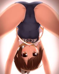 Rule 34 | 10s, 1girl, ass, brown eyes, brown hair, cameltoe, faubynet, highres, i-401 (kancolle), kantai collection, one-piece swimsuit, personification, revision, school swimsuit, solo, spread legs, swimsuit, upside-down