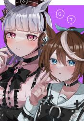 Rule 34 | 2girls, absurdres, animal ears, black bow, black choker, blue bow, blue eyes, blush, bow, center frills, choker, closed mouth, commentary request, dress, ear ornament, ear piercing, frilled dress, frills, gold ship (umamusume), hair between eyes, highres, horse ears, horse girl, mare ma, multiple girls, parted lips, piercing, pillbox hat, pink dress, pink eyes, pointing, pointing at self, ponytail, purple background, simple background, tokai teio (umamusume), umamusume