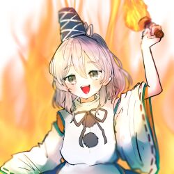 Rule 34 | arm up, black ribbon, blue hat, commentary, detached sleeves, fiery background, fire, grey eyes, grey hair, hat, high ponytail, highres, holding, holding torch, japanese clothes, kariginu, long bangs, long sleeves, maki (osobabouro), medium hair, mononobe no futo, pom pom (clothes), ponytail, ribbon, ribbon-trimmed sleeves, ribbon trim, smile, tate eboshi, torch, touhou, wide sleeves