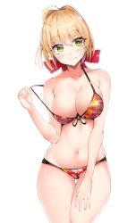 Rule 34 | 10s, ahoge, belly, bikini, bikini pull, blonde hair, breasts, cleavage, clothes pull, cowboy shot, curvy, fate/extra, fate/grand order, fate (series), front-tie bikini top, front-tie top, hair between eyes, hand on own thigh, head tilt, large breasts, legs together, moruchi (rinaka moruchi), multicolored bikini, multicolored clothes, navel, nero claudius (fate), nero claudius (fate) (all), nero claudius (fate/extra), official alternate costume, print bikini, pulling own clothes, red bikini, simple background, skindentation, solo, standing, swimsuit, teasing, thighs, white background, yellow bikini