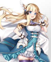 Rule 34 | 1girl, armor, black thighhighs, blonde hair, blue eyes, blue gemstone, blunt bangs, breasts, dress, elf, faulds, gem, glint, gloves, gradient background, grey background, hand on own hip, hattori masaki, headband, headgear, large breasts, long hair, pointy ears, princess connect!, saren (princess connect!), short sleeves, smile, solo, thighhighs, very long hair