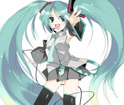 Rule 34 | aqua eyes, aqua hair, bad id, bad pixiv id, blaze (blazeillust), detached sleeves, hatsune miku, headset, long hair, necktie, outstretched arm, outstretched hand, reaching, skirt, solo, thighhighs, twintails, very long hair, vocaloid