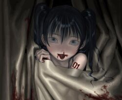 Rule 34 | 1girl, absurdres, bare shoulders, blood, blood in mouth, blood on hands, blood stain, blue eyes, blue hair, blue nails, commentary, covering privates, curtains, hand up, hatsune miku, highres, light blush, light smile, long hair, nosebleed, nude, nude cover, number tattoo, shoulder tattoo, shrugging, solo, song request, tattoo, tongue, tongue out, twintails, upper body, vocaloid, yakito lulu