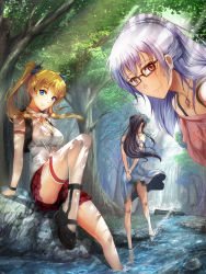 Rule 34 | 3girls, absurdres, arms behind back, bare shoulders, black hair, blonde hair, blue dress, blue eyes, blush, braid, breasts, cleavage, commentary request, crown braid, dappled sunlight, day, dress, forest, hair ribbon, hairband, highres, jewelry, large breasts, long hair, looking at viewer, multiple girls, nature, original, partially submerged, pendant, plaid, plaid skirt, ponytail, red eyes, revision, ribbon, river, shirt, silver hair, sitting, skirt, sleeveless, sleeveless shirt, smile, soyokaze, sunlight, thighhighs, twintails, wading, white legwear