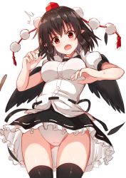 Rule 34 | 1girl, bad id, bad pixiv id, black hair, black skirt, black thighhighs, black wings, breasts, commentary request, feathered wings, feathers, hat, head tilt, highres, looking at viewer, medium breasts, medium hair, miniskirt, panties, pantyshot, pointy ears, pom pom (clothes), puffy short sleeves, puffy sleeves, red eyes, red hat, ribbon-trimmed skirt, ribbon trim, shameimaru aya, shirt, short sleeves, simple background, skirt, solo, sweat, thighhighs, tksand, tokin hat, touhou, underwear, white background, white panties, white shirt, wind, wind lift, wings