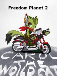 Rule 34 | 1girl, animal ears, boots, carol tea, cat ears, cat tail, crop top, fingerless gloves, freedom8, freedom planet, freedom planet 2, furry, galaxytrail, gloves, green eyes, highres, looking at viewer, midriff, motor vehicle, motorcycle, riding, scarf, shorts, simple background, sitting, slit pupils, smile, standing, standing on one leg, tail, text background