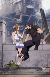 Rule 34 | 1boy, 1girl, aerith gainsborough, armor, baggy pants, bare shoulders, black gloves, black hair, blue eyes, boots, braid, braided ponytail, brown hair, building, closed mouth, commentary, couple, crisis core final fantasy vii, day, dress, earrings, english commentary, eye contact, final fantasy, final fantasy vii, flower, flower basket, full body, gloves, green eyes, hair ribbon, hand up, highres, holding, holding flower, jewelry, knee up, long hair, looking at another, open mouth, outdoors, pants, parted lips, pink ribbon, ribbon, sandals, shoulder armor, sidelocks, signature, sitting, sleeveless, sleeveless dress, sleeveless turtleneck, spaghetti strap, spiked hair, stud earrings, suspenders, sweater, sword, toes, toherrys, turtleneck, turtleneck sweater, twitter username, weapon, weapon on back, yellow flower, zack fair
