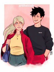 Rule 34 | 1boy, 1girl, artist name, artthetrash, bag, black hair, blonde hair, borrowed clothes, haiba arisa, haikyuu!!, hand on another&#039;s shoulder, height difference, hetero, jacket, jacket on shoulders, kuroo tetsurou, long hair, long sleeves, looking at another, open clothes, open jacket, ponytail, shirt, smile, spiked hair, track jacket