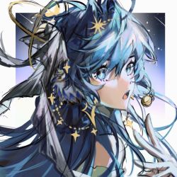 Rule 34 | 1girl, arknights, astesia (arknights), astesia (frlibe on the palace) (arknights), blue eyes, blue hair, bright pupils, earrings, framed, from side, hair ornament, heqing, highres, jewelry, long hair, open mouth, outside border, portrait, simple background, sketch, solo, star (sky), star (symbol), turning around, white pupils