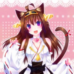 Rule 34 | 10s, 1girl, ahoge, animal ears, bad id, bad pixiv id, brown hair, cat ears, cat tail, detached sleeves, door to heaven, hairband, heart, heart-shaped lock, japanese clothes, jewelry, kantai collection, kemonomimi mode, kongou (kancolle), lock, long hair, looking at viewer, necklace, nontraditional miko, open mouth, purple eyes, ribbon, solo, star (symbol), tail, wide sleeves