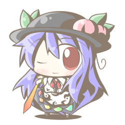 Rule 34 | 1girl, aoblue, blue hair, chibi, female focus, food, fruit, hat, hinanawi tenshi, one eye closed, peach, red eyes, solo, sword, sword of hisou, touhou, weapon, wink