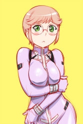 Rule 34 | 10s, 1girl, :&lt;, alternate costume, blush, bodysuit, breast hold, breasts, brown hair, captain earth, embarrassed, glasses, green eyes, hino rita, holding own arm, short hair, simple background, sketch, solo, ueyama michirou, yellow background