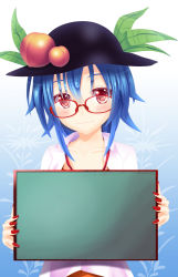 Rule 34 | 1girl, bad id, bad pixiv id, bespectacled, blue hair, blush, collarbone, female focus, food, fruit, ghost okada, glasses, hat, highres, hinanawi tenshi, holding, long hair, looking at viewer, nail polish, peach, red eyes, shirt, smile, solo, template, touhou