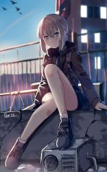 Rule 34 | 1girl, absurdres, black footwear, black jacket, blue sky, blurry, blurry background, bolt action, building, cheytac m200, closed mouth, commentary, day, depth of field, gar32, girls&#039; frontline, grey hair, gun, hair between eyes, headphones, headphones around neck, highres, hood, hood down, hooded jacket, jacket, long sleeves, looking at viewer, m200 (girls&#039; frontline), name connection, object namesake, outdoors, purple eyes, railing, rifle, shoes, sitting, sky, sleeves past wrists, sniper rifle, socks, solo, striped clothes, striped socks, weapon