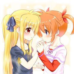 Rule 34 | 2girls, blonde hair, blue eyes, blush, collarbone, couple, eye contact, fate testarossa, holding hands, kissing hand, happy, kiss, long hair, looking at another, lyrical nanoha, mahou shoujo lyrical nanoha, mahou shoujo lyrical nanoha a&#039;s, multiple girls, neck, orange hair, red eyes, short hair, short twintails, smile, takamachi nanoha, twintails, two-tone background, yuri