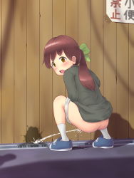 Rule 34 | 1girl, ass, blue footwear, blush, bow, brown eyes, brown hair, butt crack, caught, dress, from behind, green bow, green dress, hair bow, highres, kusashige, legs, looking back, open mouth, outdoors, panties, panty pull, peeing, ponytail, puddle, road, shoelaces, shoes, sign, socks, solo, squatting, street, surprised, teeth, tongue, translated, underwear, upper teeth only, wall, water drop, white panties, white socks, wooden wall