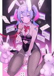 Rule 34 | 1girl, ahoge, amai melo, animal ears, armlet, bare arms, bare shoulders, between breasts, between legs, black bow, black footwear, black leotard, blue eyes, blue hair, bow, bowtie, breasts, bright pupils, card, closed mouth, collar, colored eyelashes, colored inner hair, commentary request, covered navel, cuffs, curly hair, curly sidelocks, cutout above navel, detached collar, fake animal ears, fake tail, finger heart, fishnet pantyhose, fishnets, full body, hair between eyes, hair bow, hair ornament, hairband, hand between legs, handcuffs, hatsune miku, heart, heart-shaped pupils, highres, leotard, long hair, looking at viewer, multicolored hair, nail polish, pantyhose, pink hair, pink nails, pink pupils, playboy bunny, playing card, pure pure (rabbit hole), rabbit ears, rabbit hair ornament, rabbit hole (vocaloid), rabbit tail, red bow, sitting, small breasts, smile, solo, spoken heart, stuffed animal, stuffed rabbit, stuffed toy, sweat, symbol-shaped pupils, tail, thighlet, tongue, tongue out, twintails, two-tone hair, vocaloid, wariza, white collar, white hairband, white tail, white wristband, wristband, x hair ornament