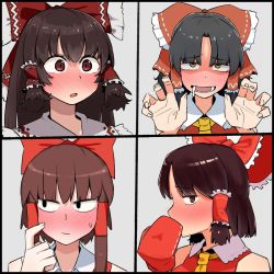 Rule 34 | 4girls, archived source, bad id, bad twitter id, benikurage (cookie), black hair, blush, bow, brown eyes, brown hair, closed mouth, commentary request, cookie (touhou), drooling, embarrassed, frilled bow, frilled hair tubes, frilled shirt collar, frills, grey background, hair bow, hair tubes, hakurei reimu, hands up, highres, kanna (cookie), long hair, looking at viewer, looking to the side, medium hair, mittens, multiple girls, necktie, nose blush, ohasi, open mouth, parted bangs, red bow, red mittens, red shirt, reu (cookie), sananana (cookie), shirt, short hair, short hair with long locks, simple background, sleeveless, sleeveless shirt, smile, touhou, upper body, yellow eyes, yellow necktie