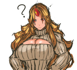 Rule 34 | 1girl, ?, blonde hair, breasts, cleavage, cleavage cutout, clothing cutout, horns, hoshiguma yuugi, large breasts, long hair, meme attire, nameo (judgemasterkou), open-chest sweater, red eyes, ribbed sweater, simple background, single horn, sketch, solo, star (symbol), sweater, touhou, turtleneck, upper body, white background